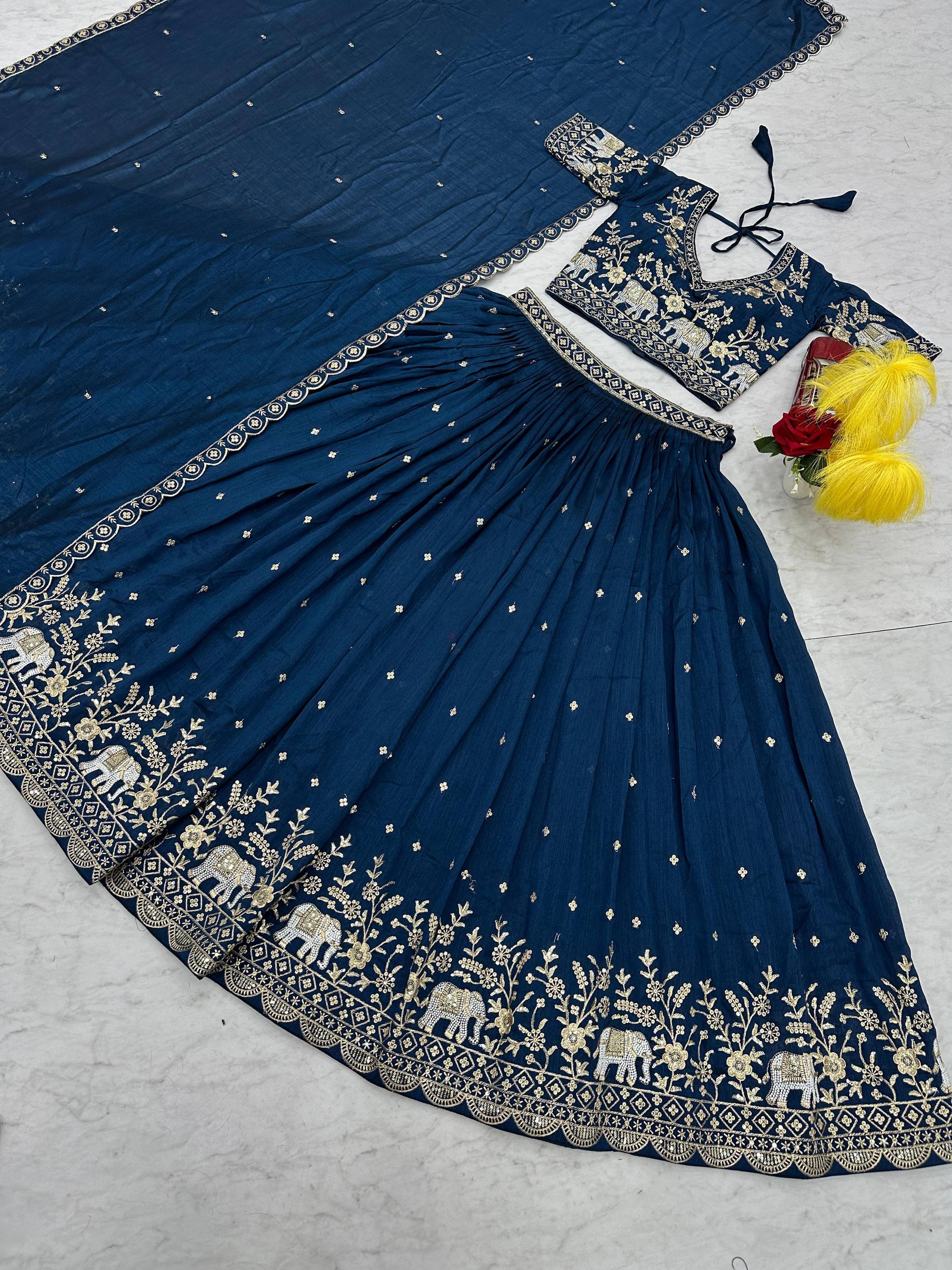 Gopi Teal Blue Vichitra Silk Embroidery Sequins Thread Work Lehenga Choli