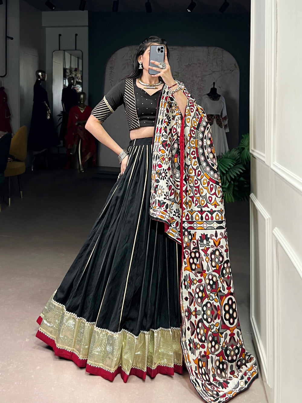 Black Chanderi Zari Weaving and Embossed Lace Lehenga Choli