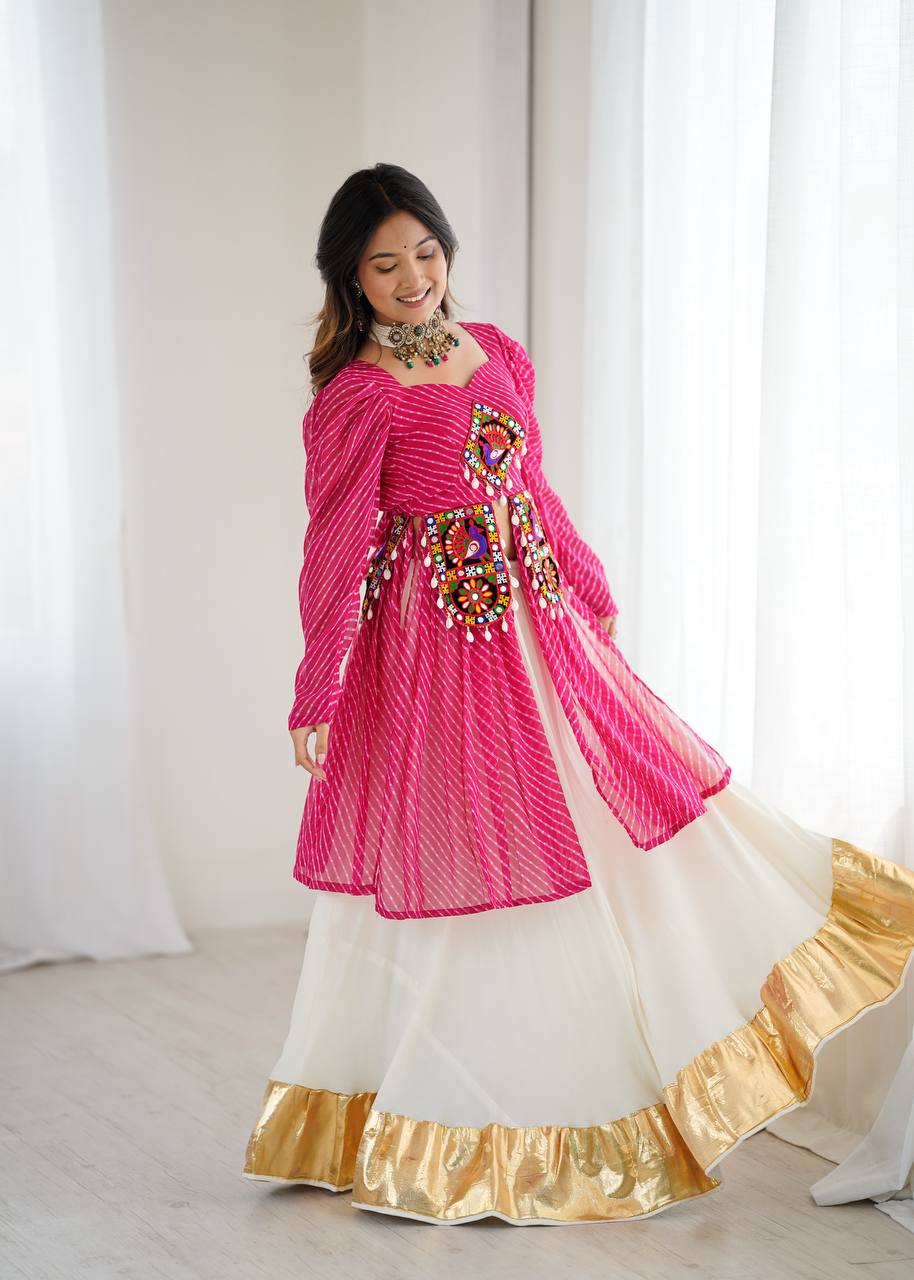 Pink Georgette Top with Digital Print and Thread Work Butter Silk Gota Patti Work Lehenga