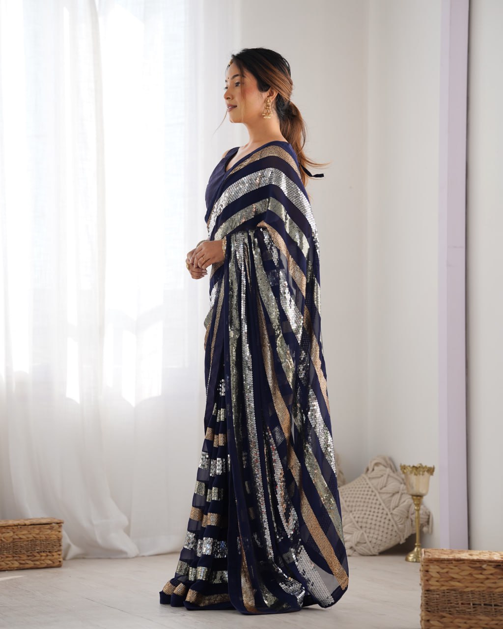 Kira Deep Blue Sequin Embroidery Georgette Saree