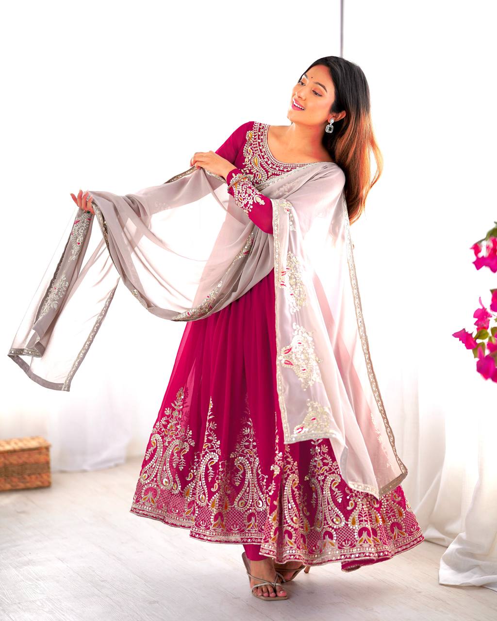 Tejvini Georgette Embroidered Pink Gown