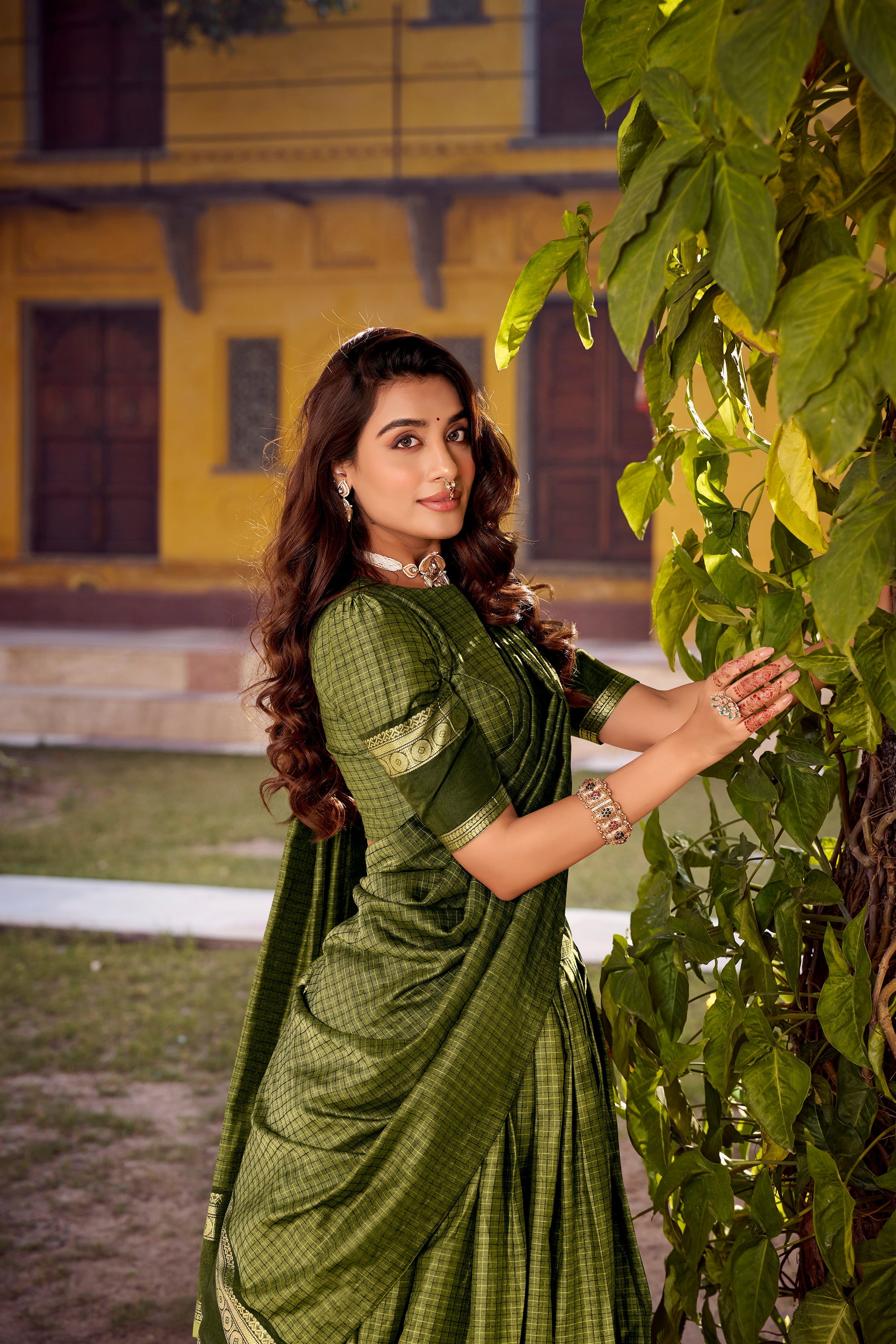 Rimi Green Color Chettinad Cotton Chex With Zari Weaving Work Half-Saree Lehenga