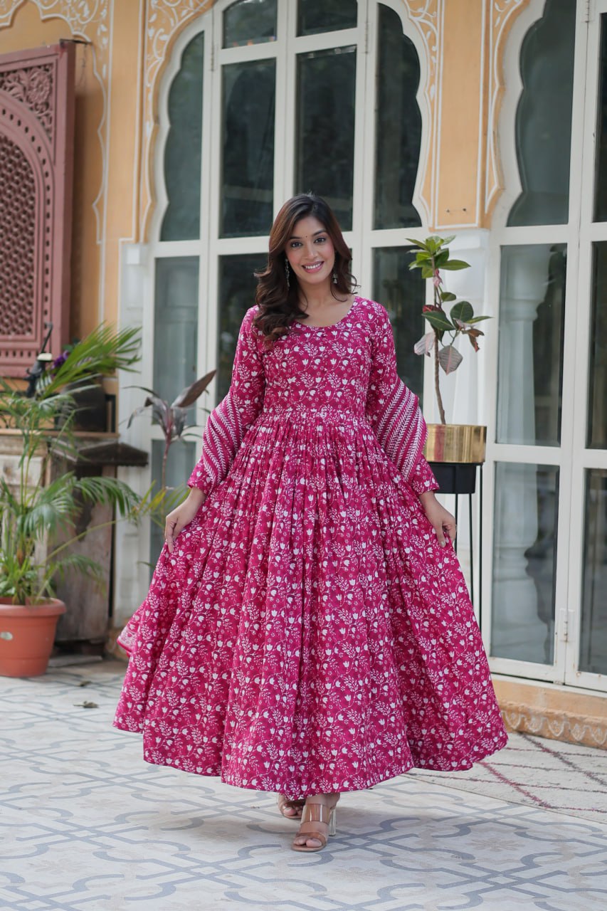 Mahi Pink Pure Cotton Anarkali Set with Dupatta