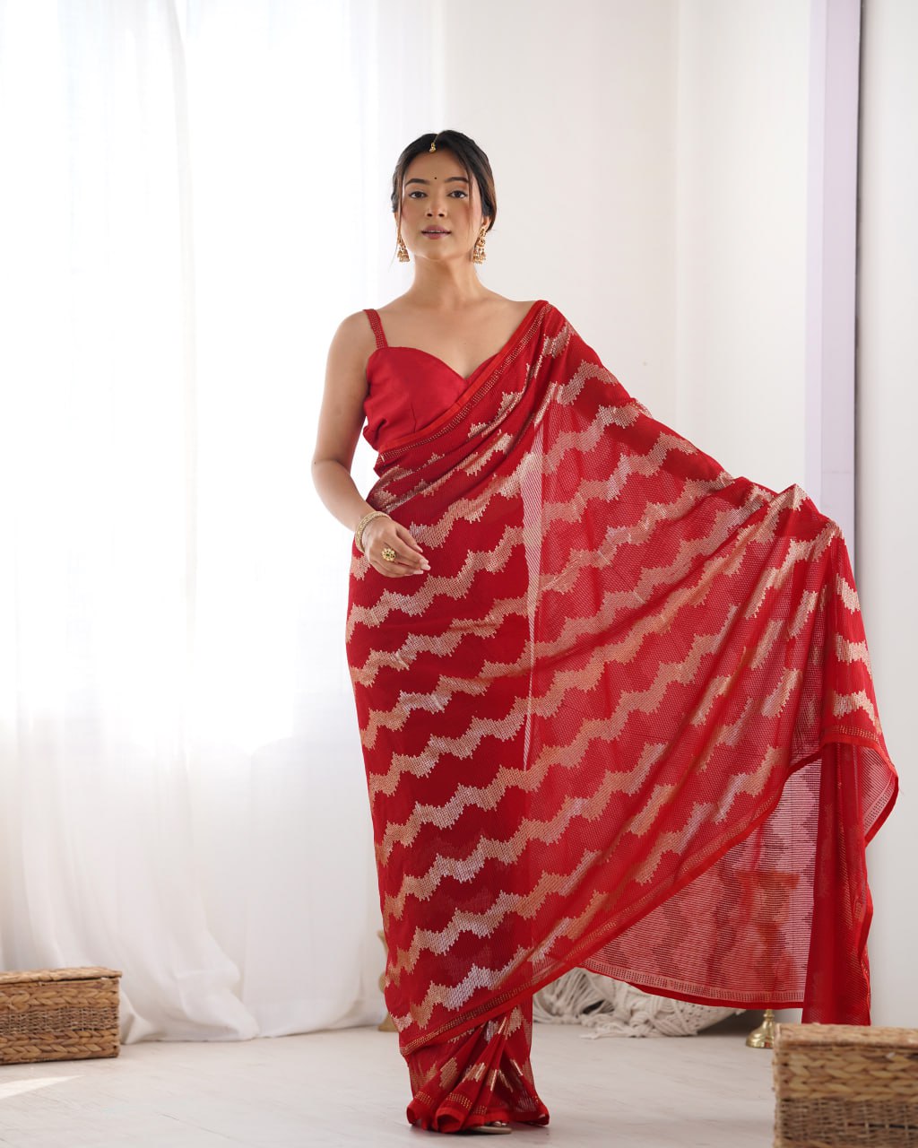 Red georgette saree with sequin & Seroski diamond work, bridal party wear saree with satin blouse, designer ethnic wear by Trinaari for weddings.