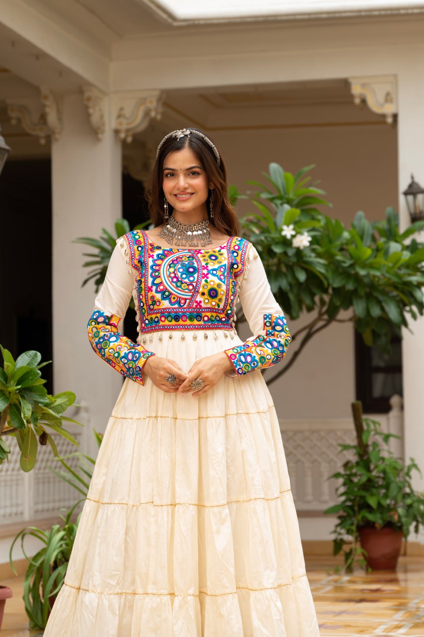 Off-White Kora Cotton Kutchi Gamthi Mirror Work and Kodi Lace Gown