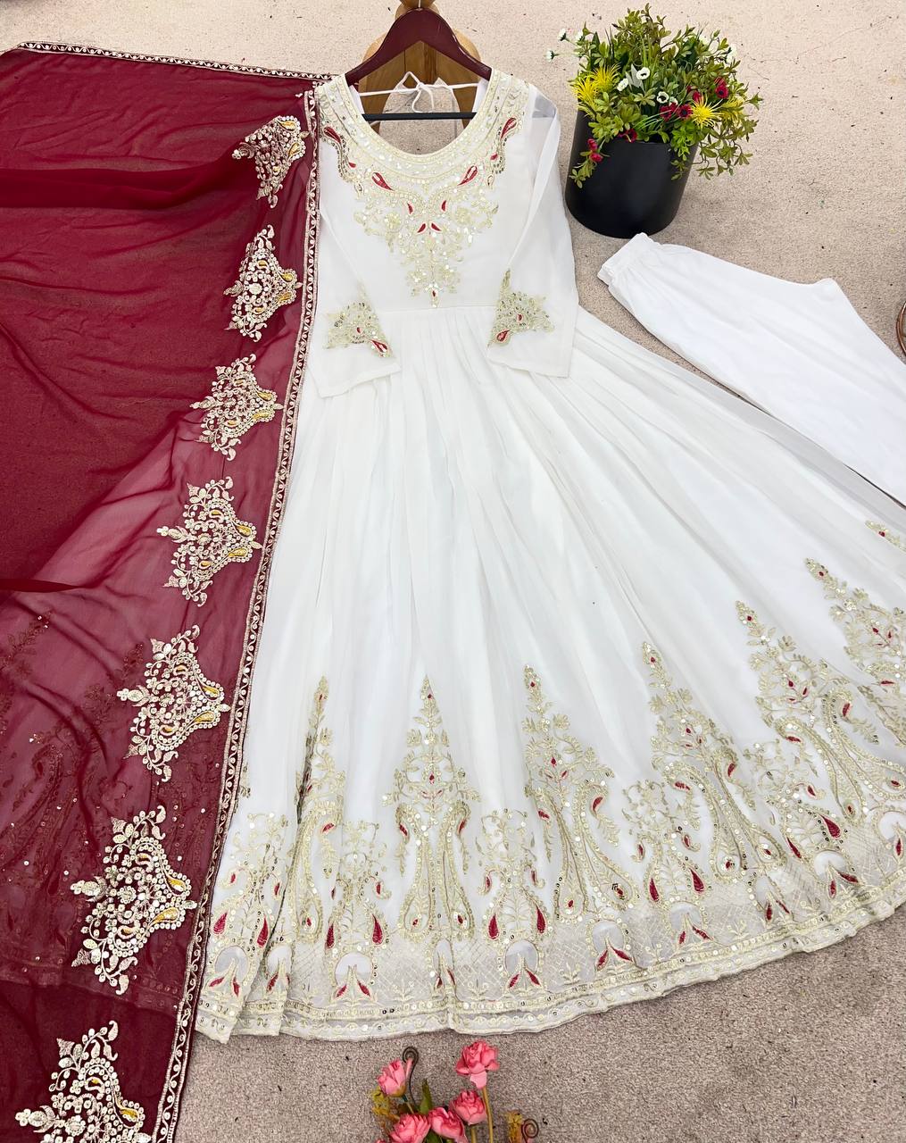 Tejvini White Georgette Embroidered Gown with Dupatta