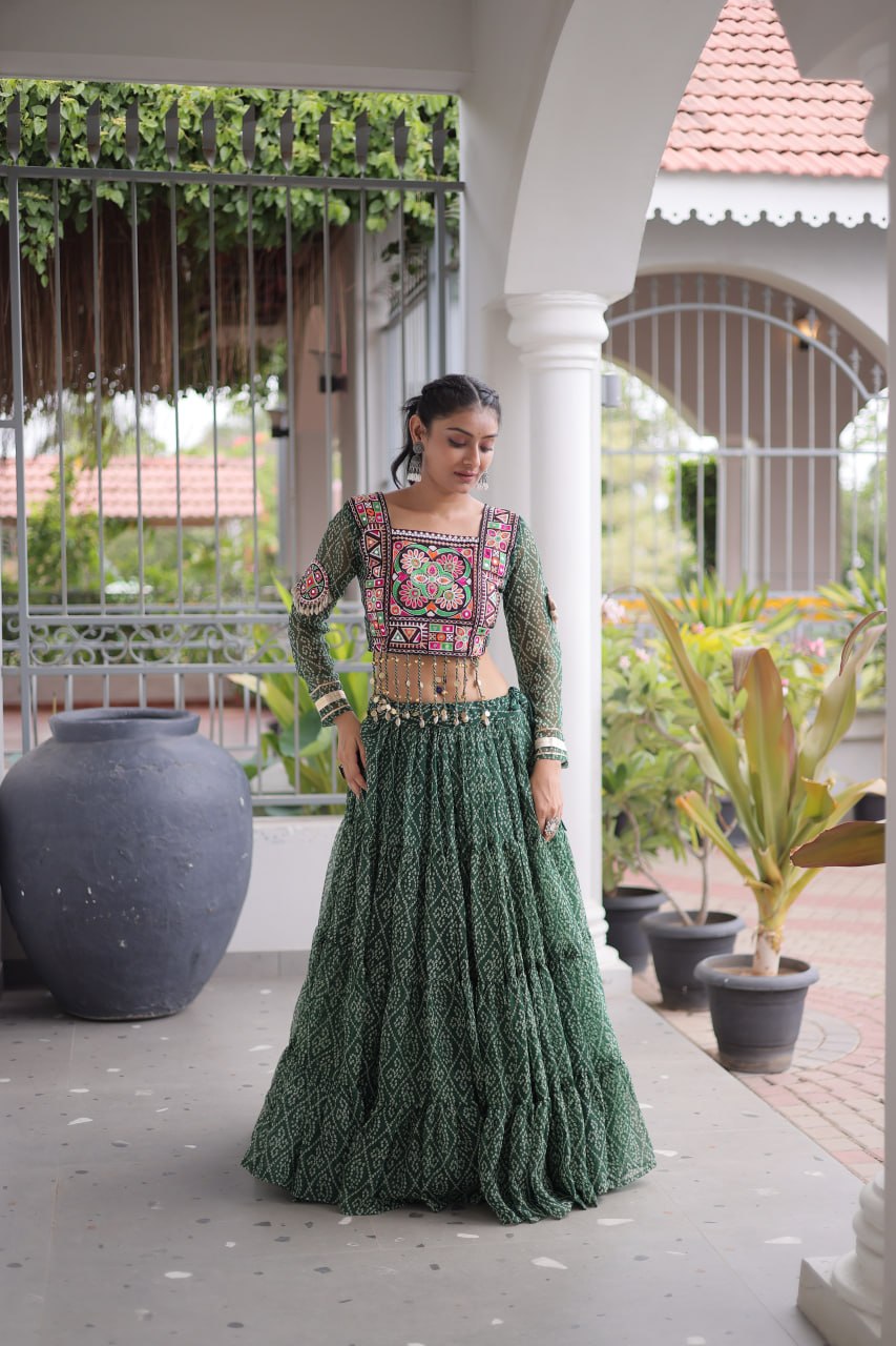 Anjali Green Faux Georgette Bandhani Kutchi Patchework Lehenga