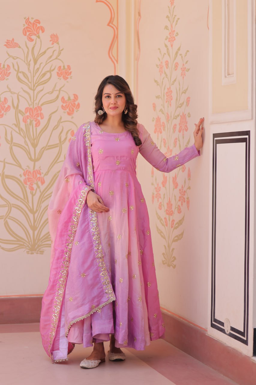 Pink Organza Flair Sequins Zari Embroidery Gown with Dupatta