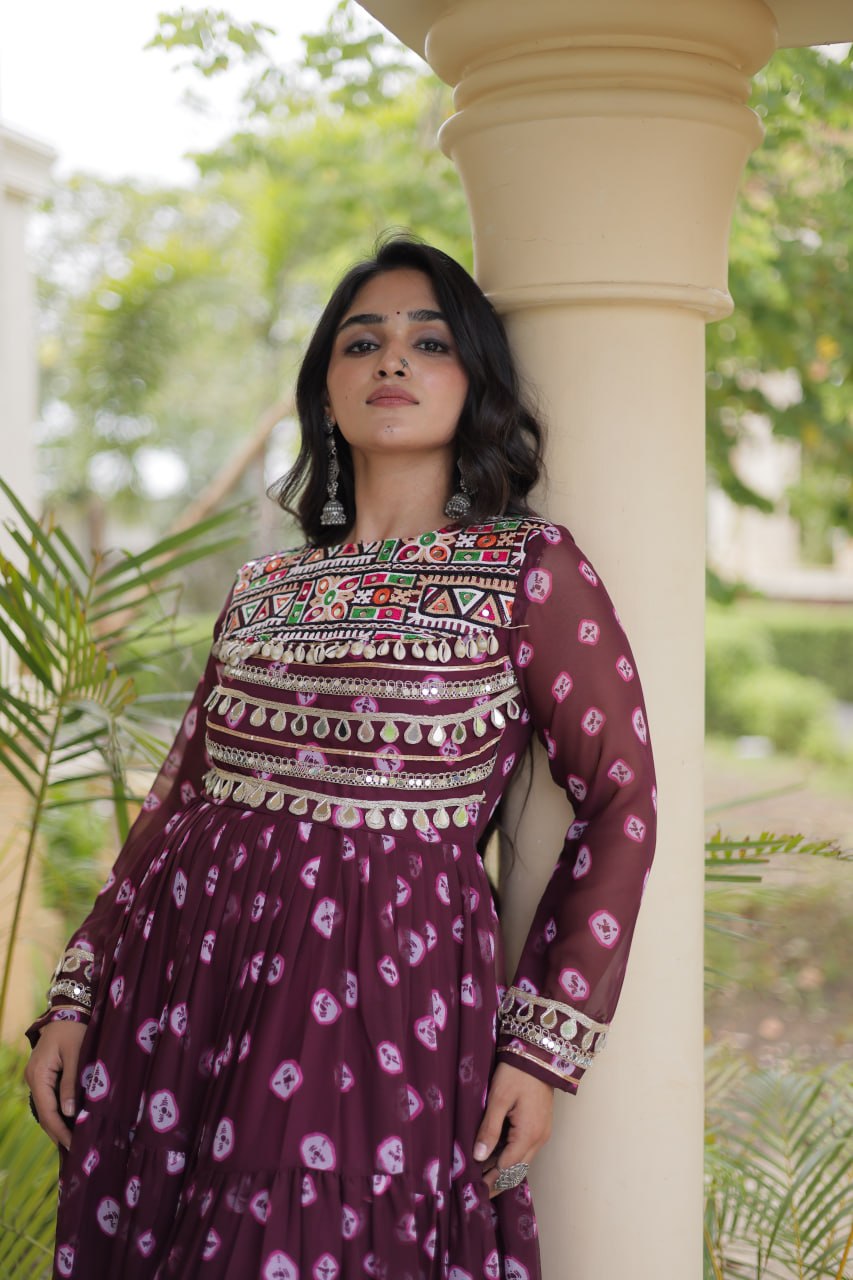 Lavanya Purple Faux Georgette Bandhani Kutchi Patchwork Gown