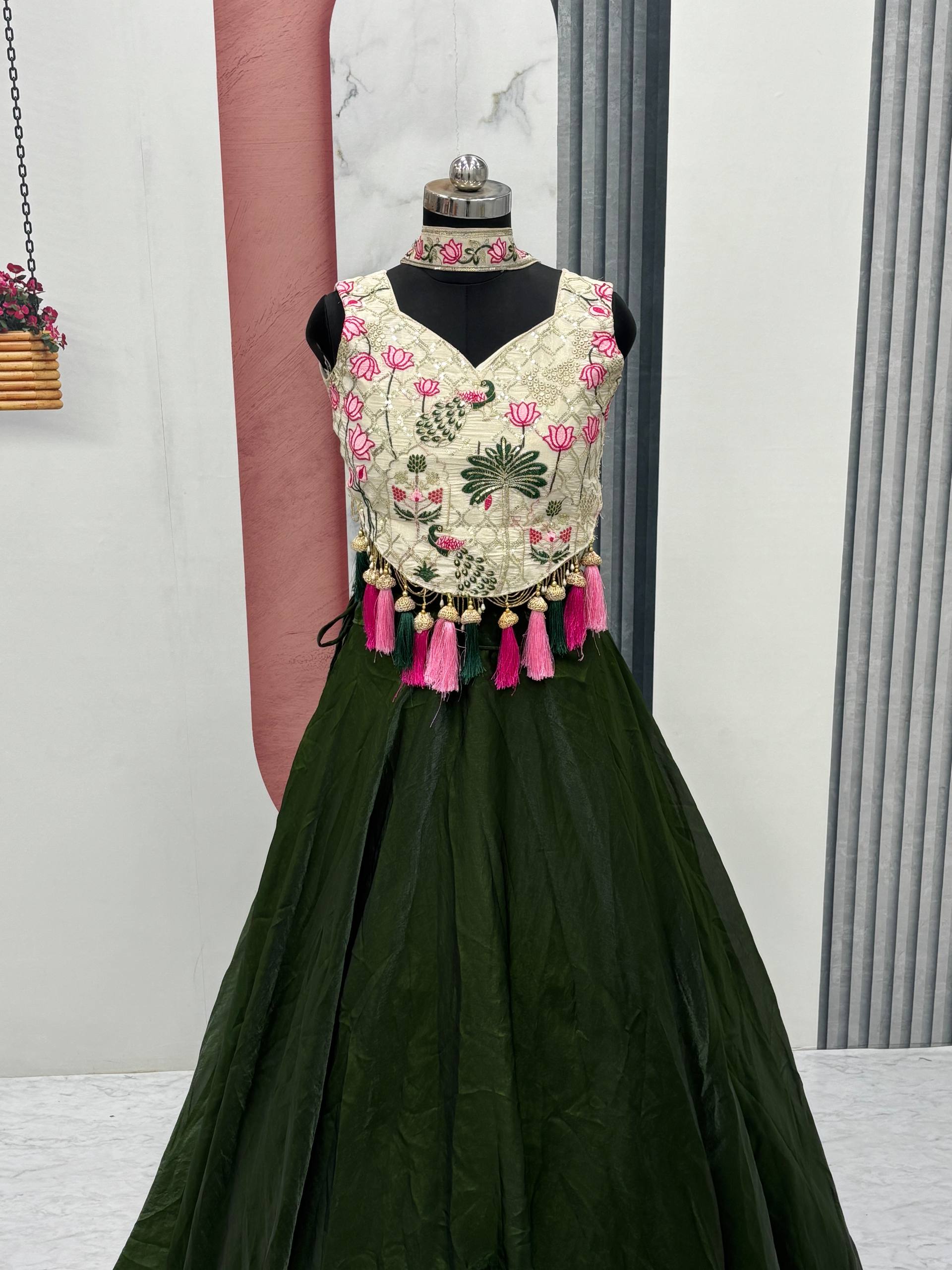 Tanu Green Color Tissue Silk Sequins Thread Work Lehenga Choli with Dupatta