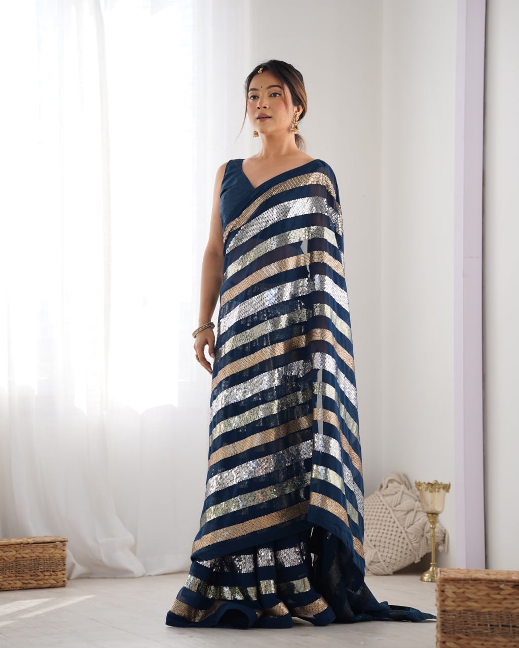 Kira Navy Blue Sequin Embroidery Georgette Saree