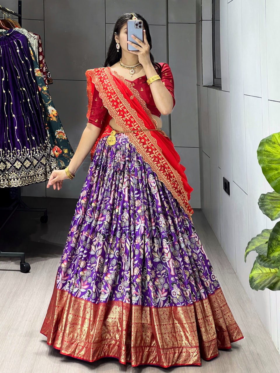 Purple Color Kalamkari Soft Dola Silk Half Saree Lehenga with Embroidered Dupatta