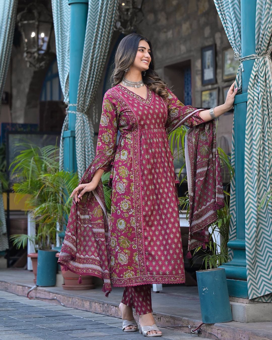Maroon cotton printed Ishani designer Anarkali suit