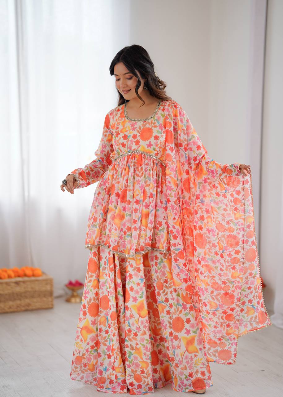 Orange pure soft taby organza floral print Kediya kurta set