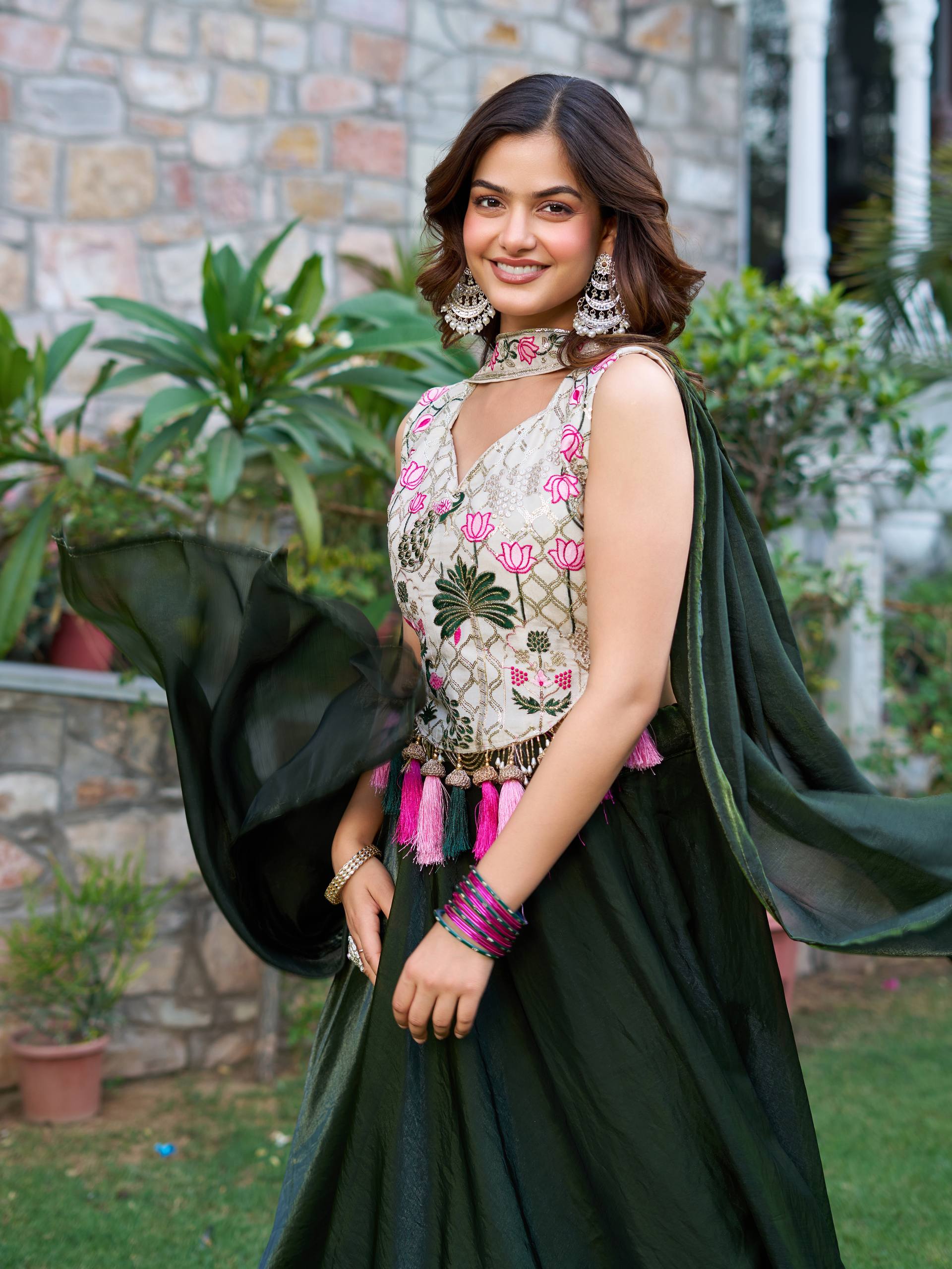 Tanu Green Color Tissue Silk Sequins Thread Work Lehenga Choli with Dupatta