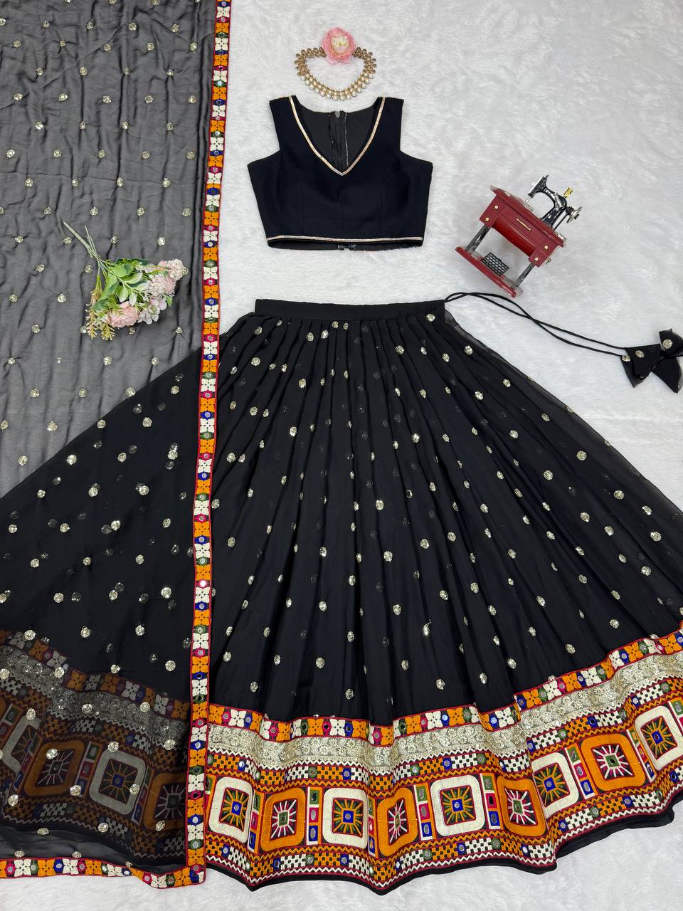 Black Georgette with Gamthi Thread Mirror Work Lehenga Choli with Dupatta