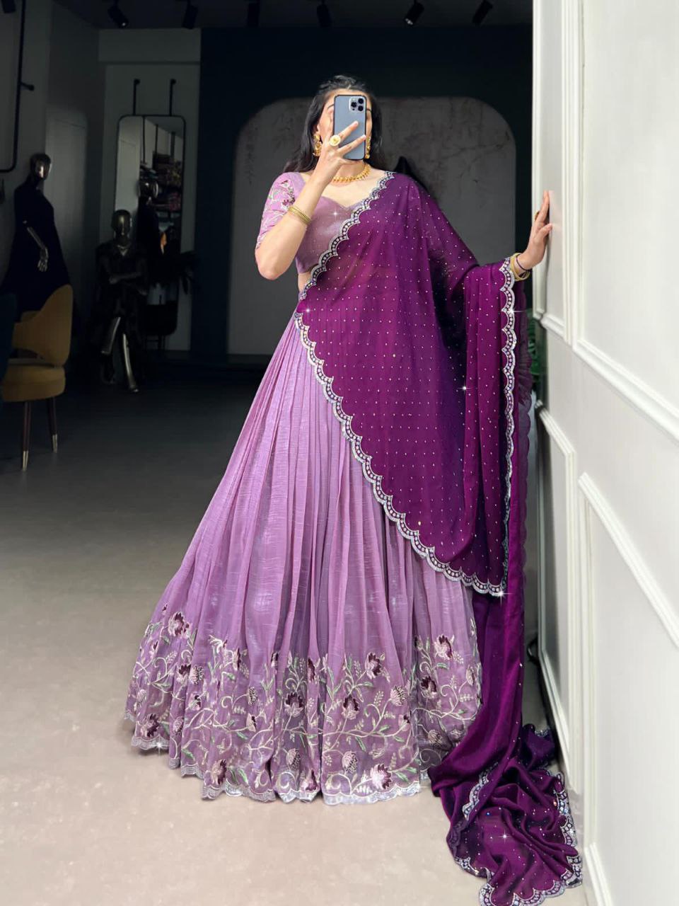 Lavender Silver Glossy Embroidered with Hotfix Work Lehenga Choli