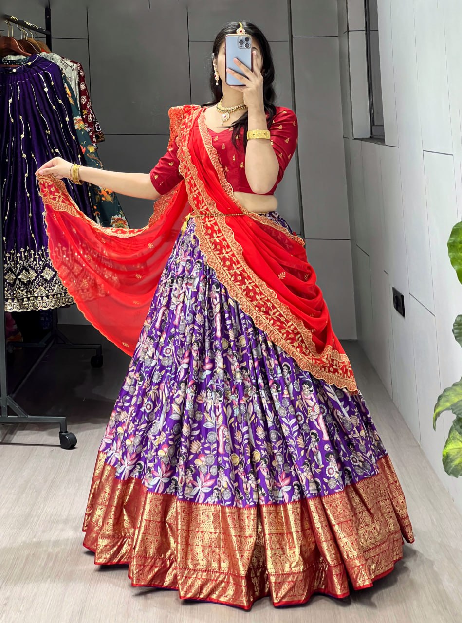 Purple Color Kalamkari Soft Dola Silk Half Saree Lehenga with Embroidered Dupatta