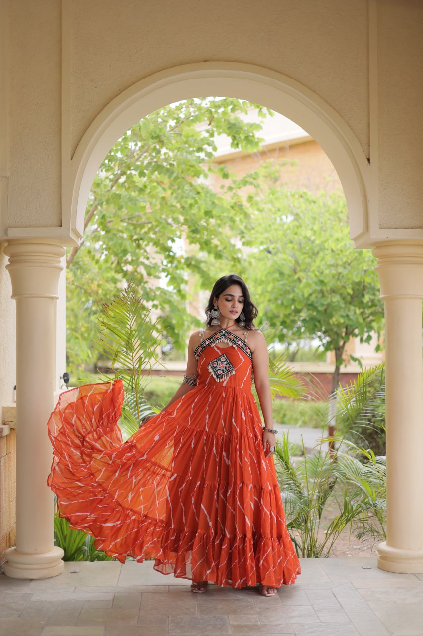 Bhavna Orange Faux Georgette Laheriya Kutchi Patchework Gown