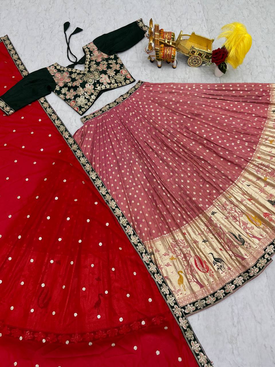 Multicolour silk lehenga choli set with heavy embroidery, sequin, and cording work; includes stitched shimmer lehenga, fully stitched mono silk choli, and embroidered georgette dupatta – perfect for weddings and festive occasions