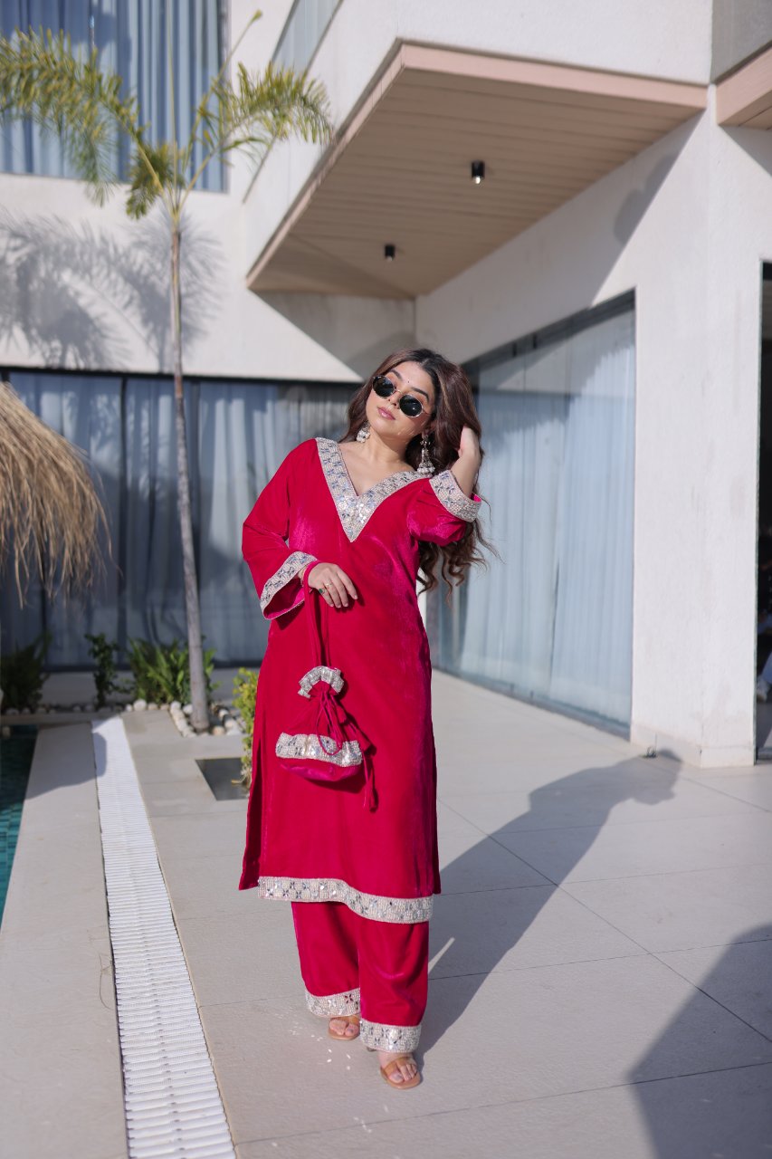 Elvya Rani Pink Velvet Zari Embroidered Mirror Work Kurti Set