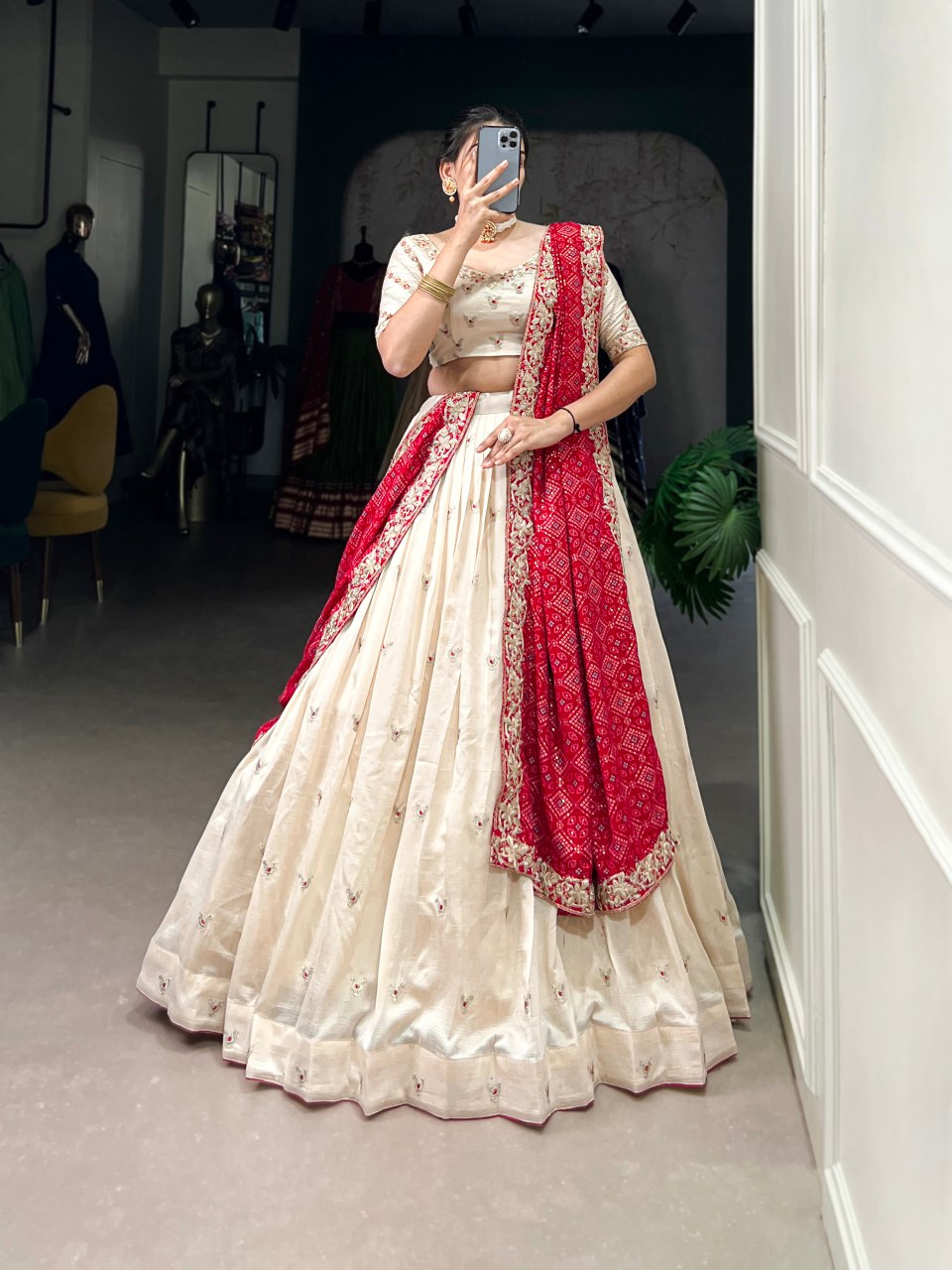 Off-white Vichitra silk embroidered lehenga choli with Bandhej dupatta