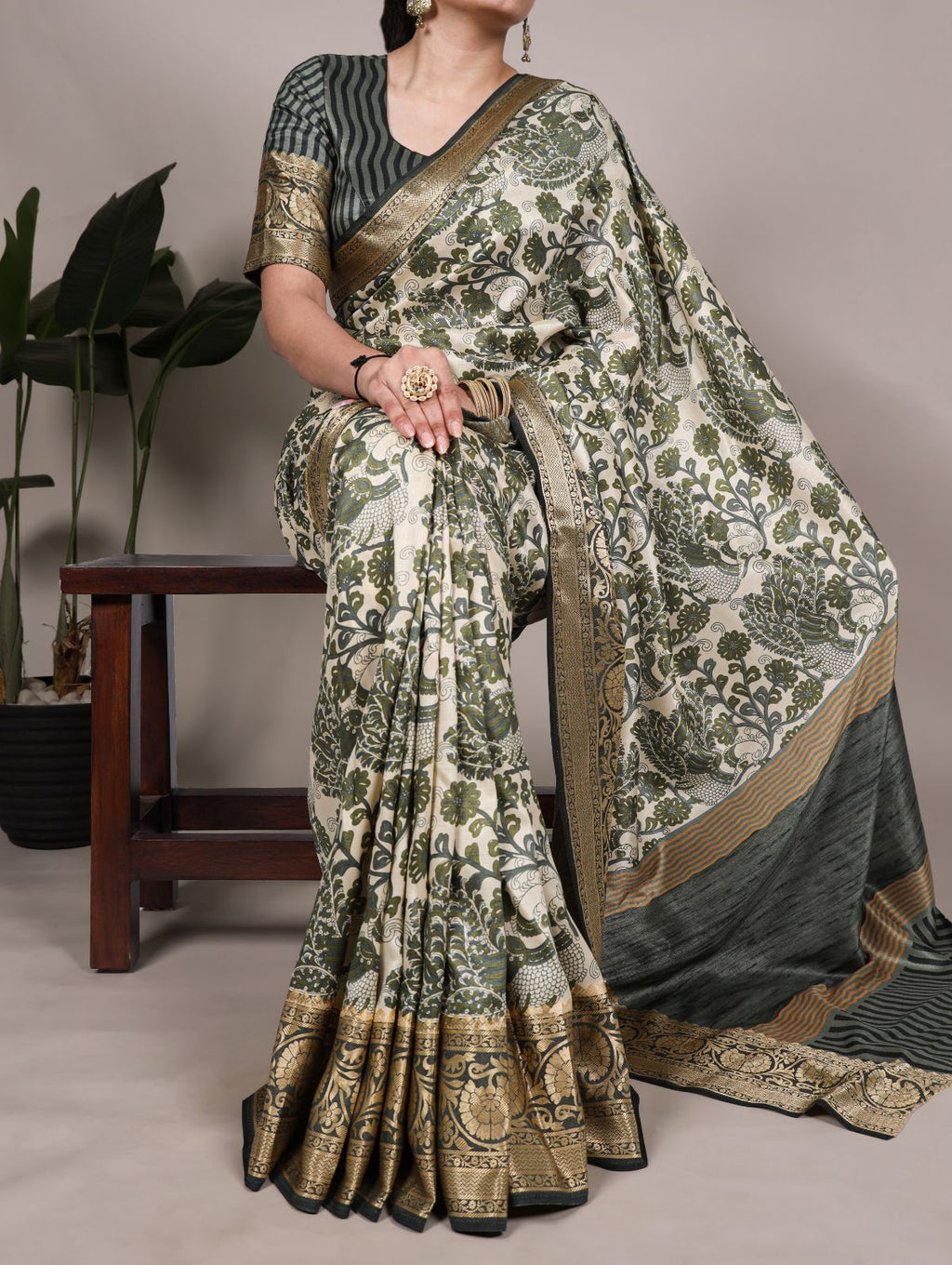 Green Color Tasar Silk Printed Saree with Viscose Border and Blouse