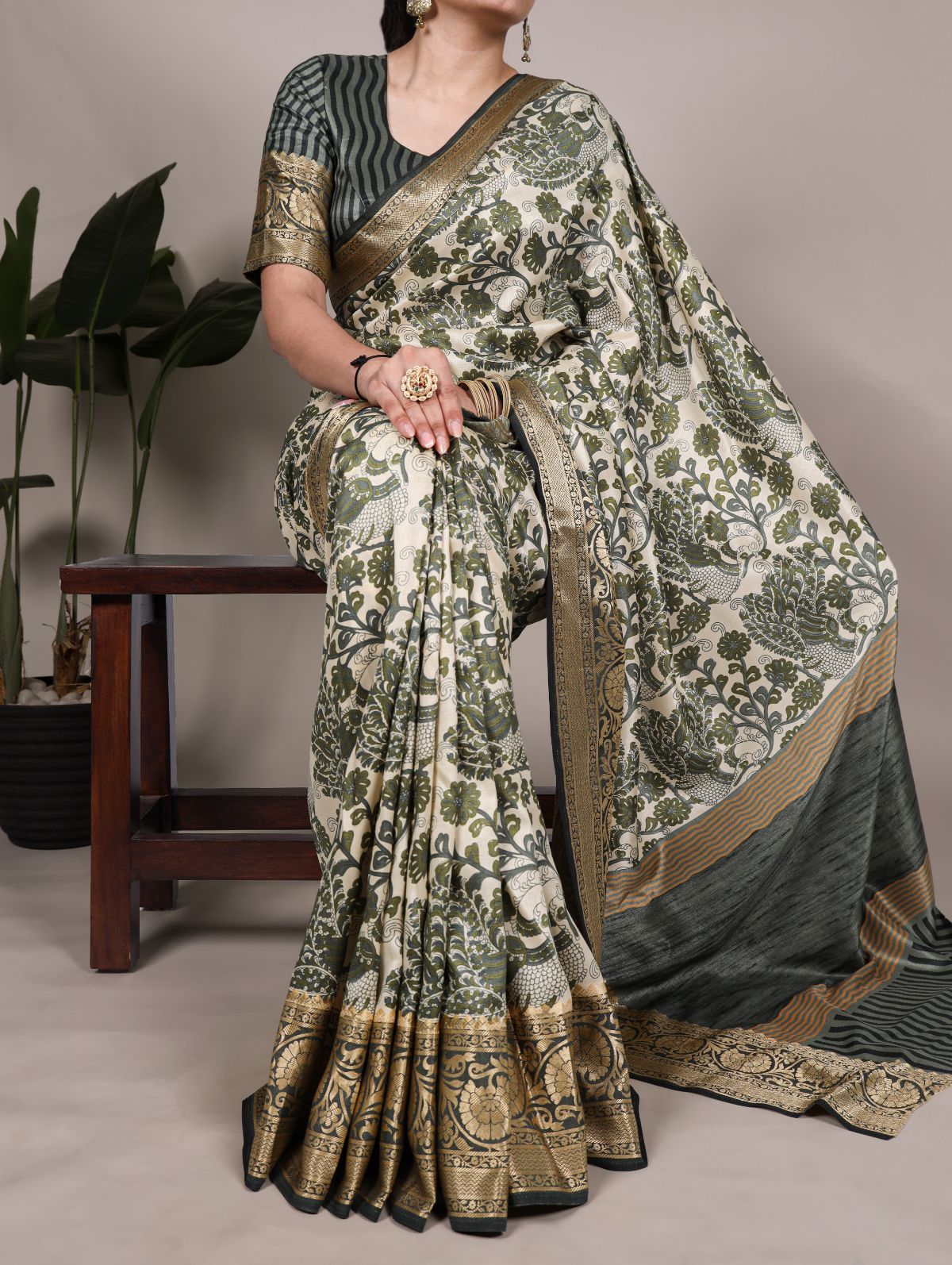 Green Color Tasar Silk Printed Saree with Viscose Border and Blouse
