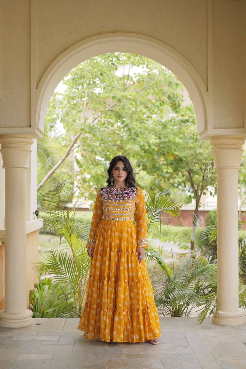 Lavanya Yellow Faux Georgette Bandhani Kutchi Patchwork Gown