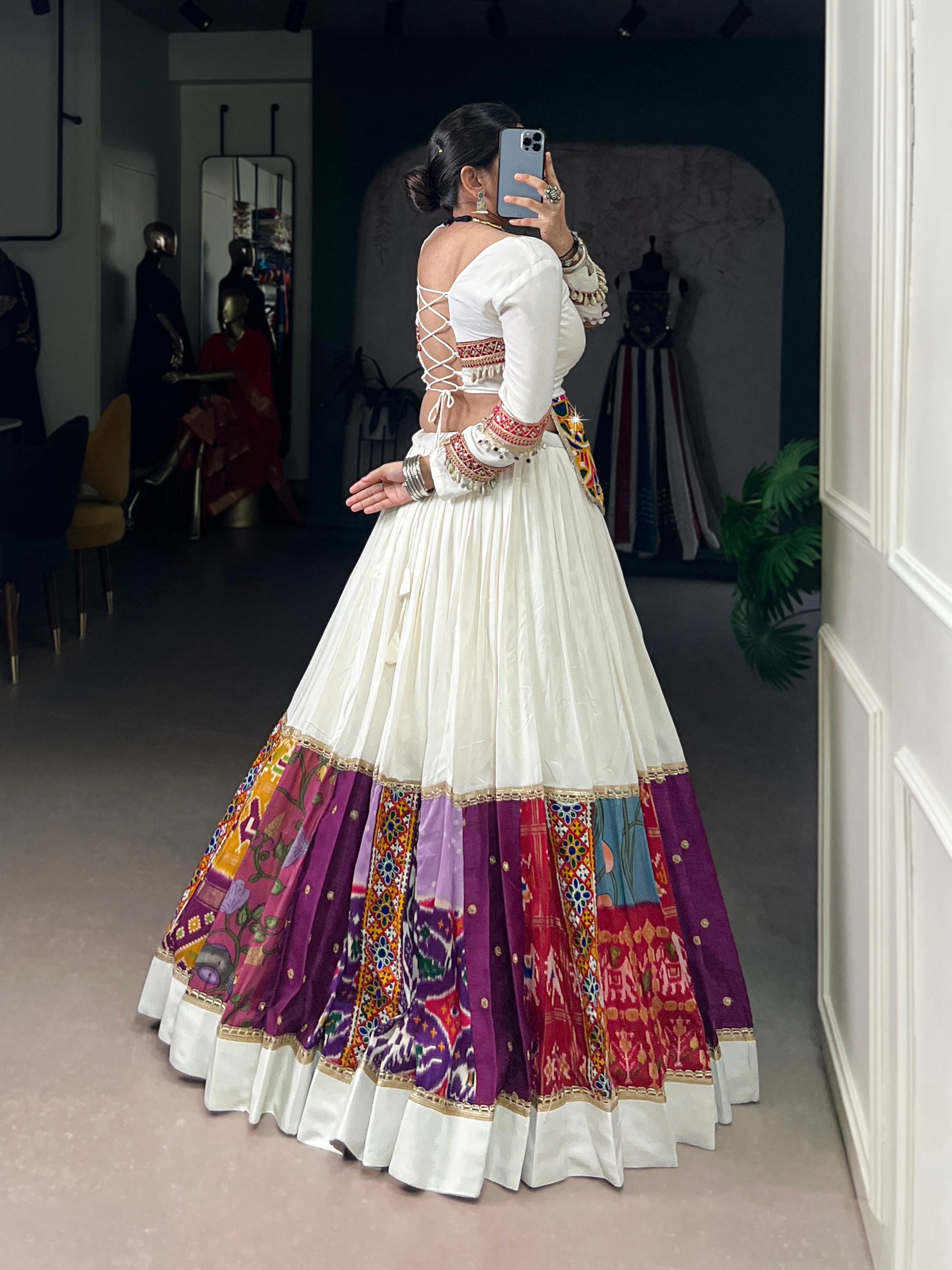 White Multicolor Pure Rayon Mirror Gamthi Work Patch Design Lehenga Choli