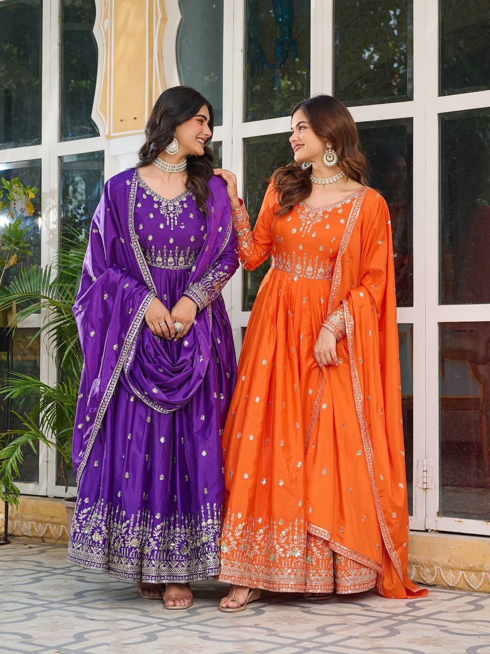 Meghnita Anarkali suit in American Silk with thread & sequin embroidery, padded gown, stitched pant & dupatta—perfect for weddings & festive wear.