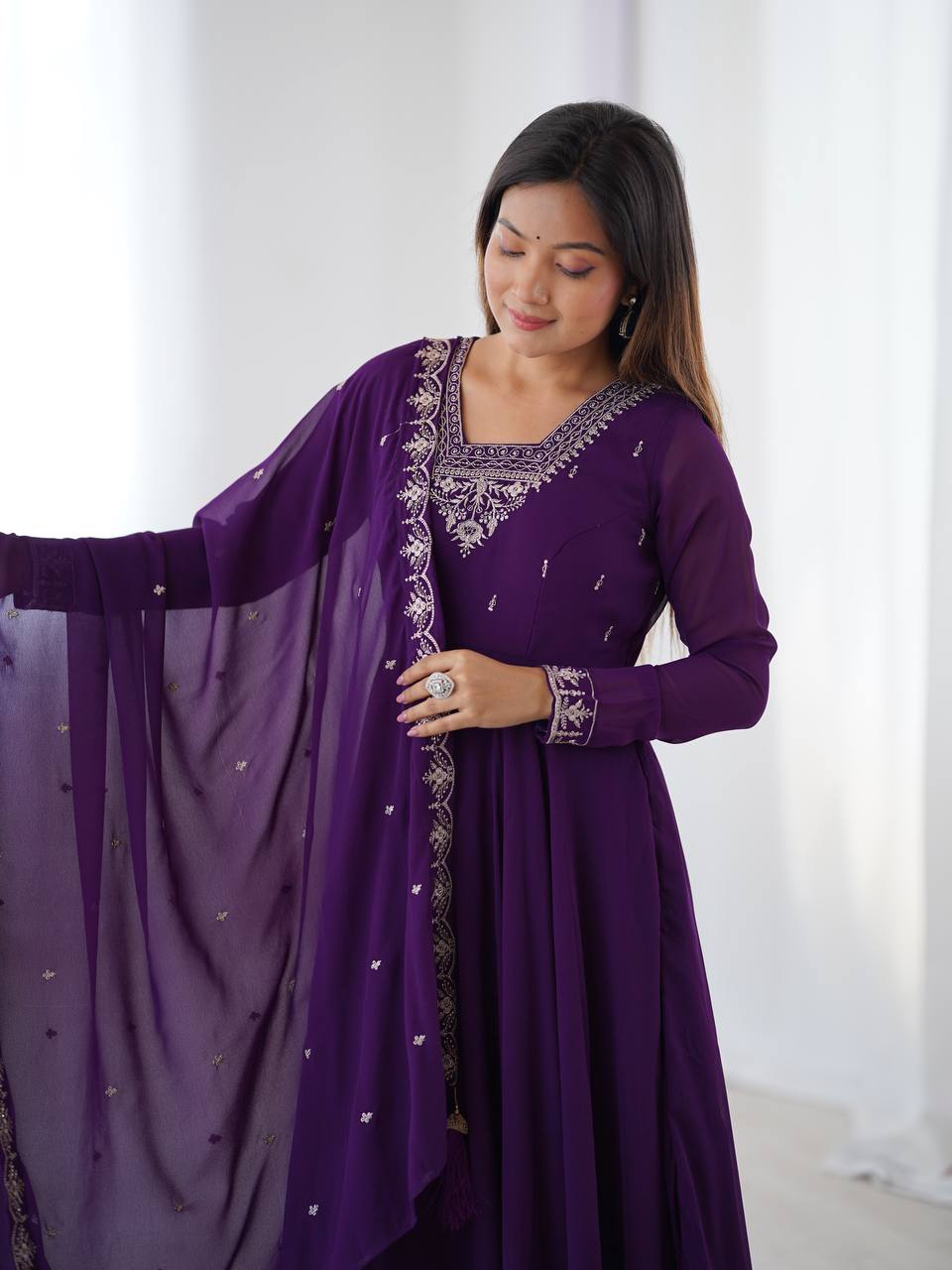 Purple Anarkali suit in soft Fox Georgette with 6.5-meter flair, zari & beads embroidery, lace sleeves & dupatta – stitched & ready-to-wear.