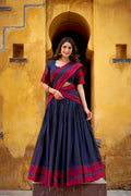 Swastika navy blue pure Chanderi thread work half saree lehenga