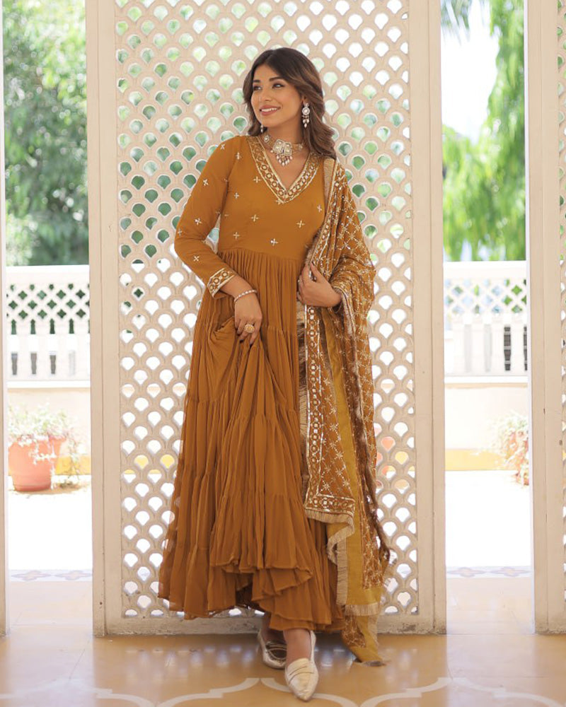 Ridhika mustard yellow georgette anarkali gown suit set