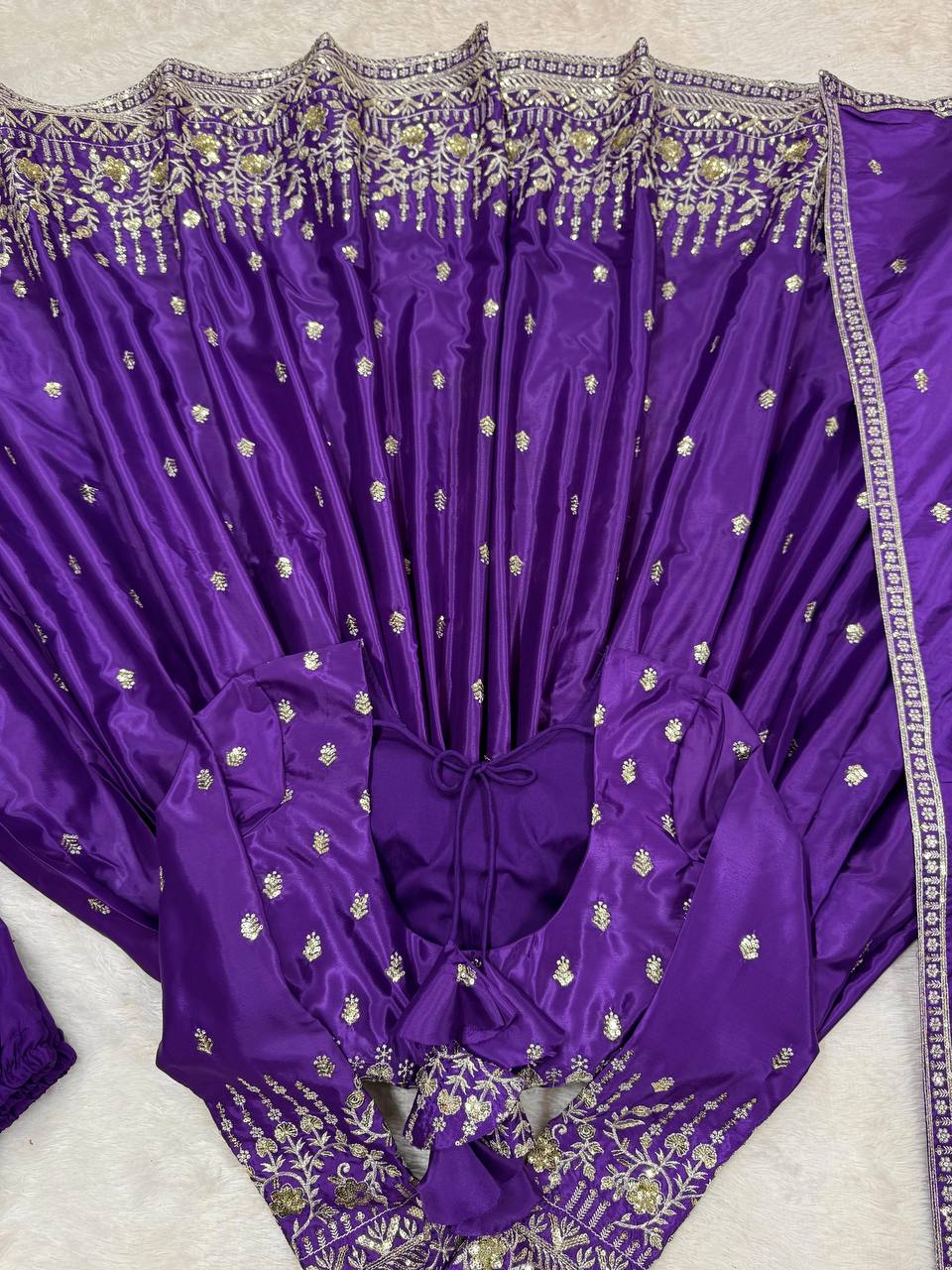 Meghnita Anarkali suit in American Silk with thread & sequin embroidery, padded gown, stitched pant & dupatta—perfect for weddings & festive wear.