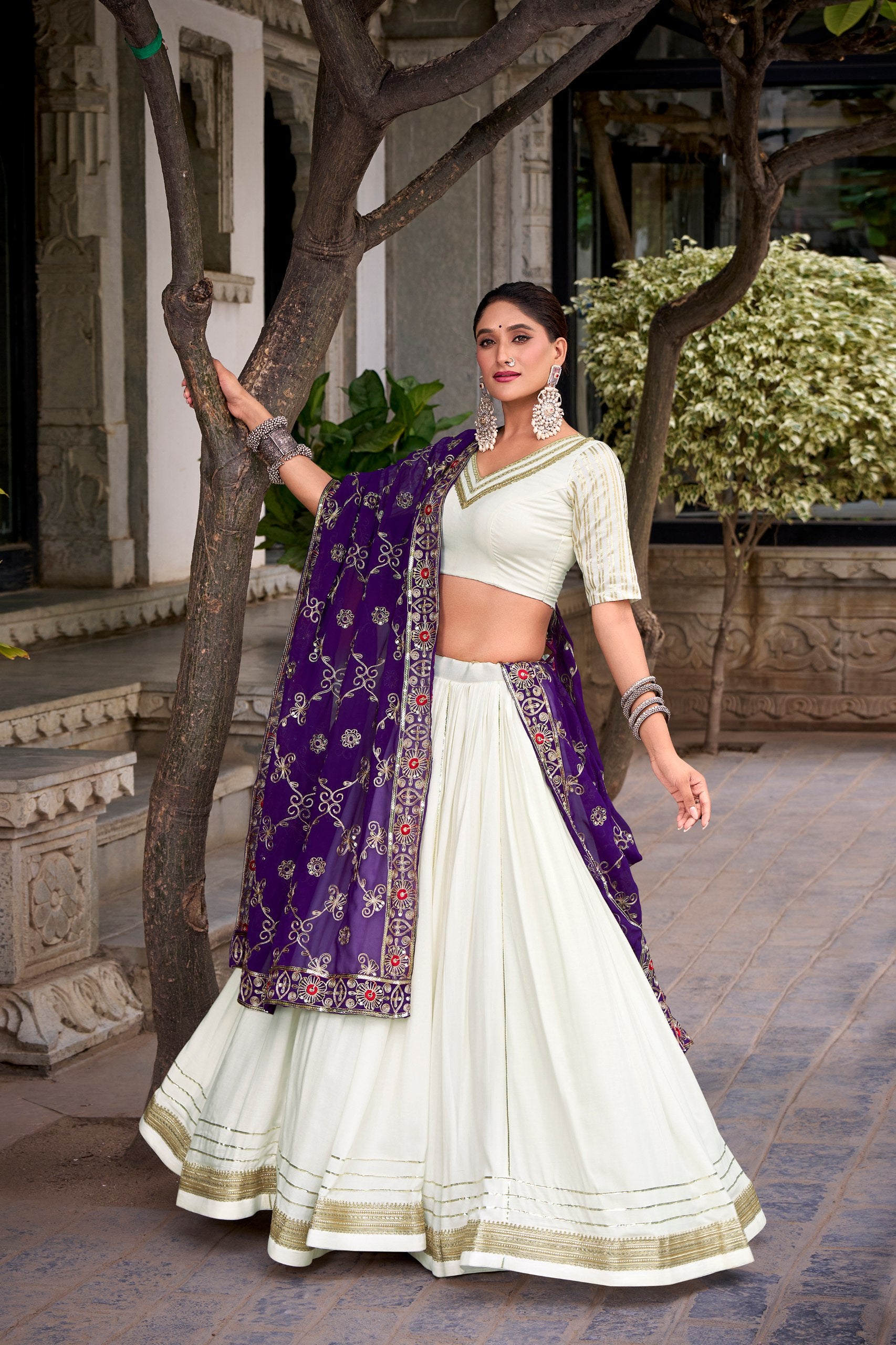 White Pure Rayon Lace Work and Georgette Sequins Dupatta  Lehenga Choli