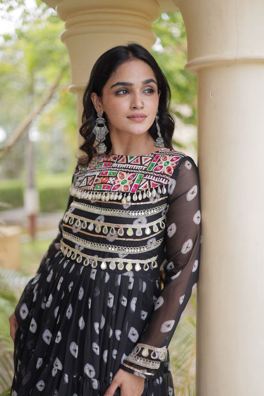 Lavanya Black Faux Georgette Bandhani Kutchi Patchwork Gown