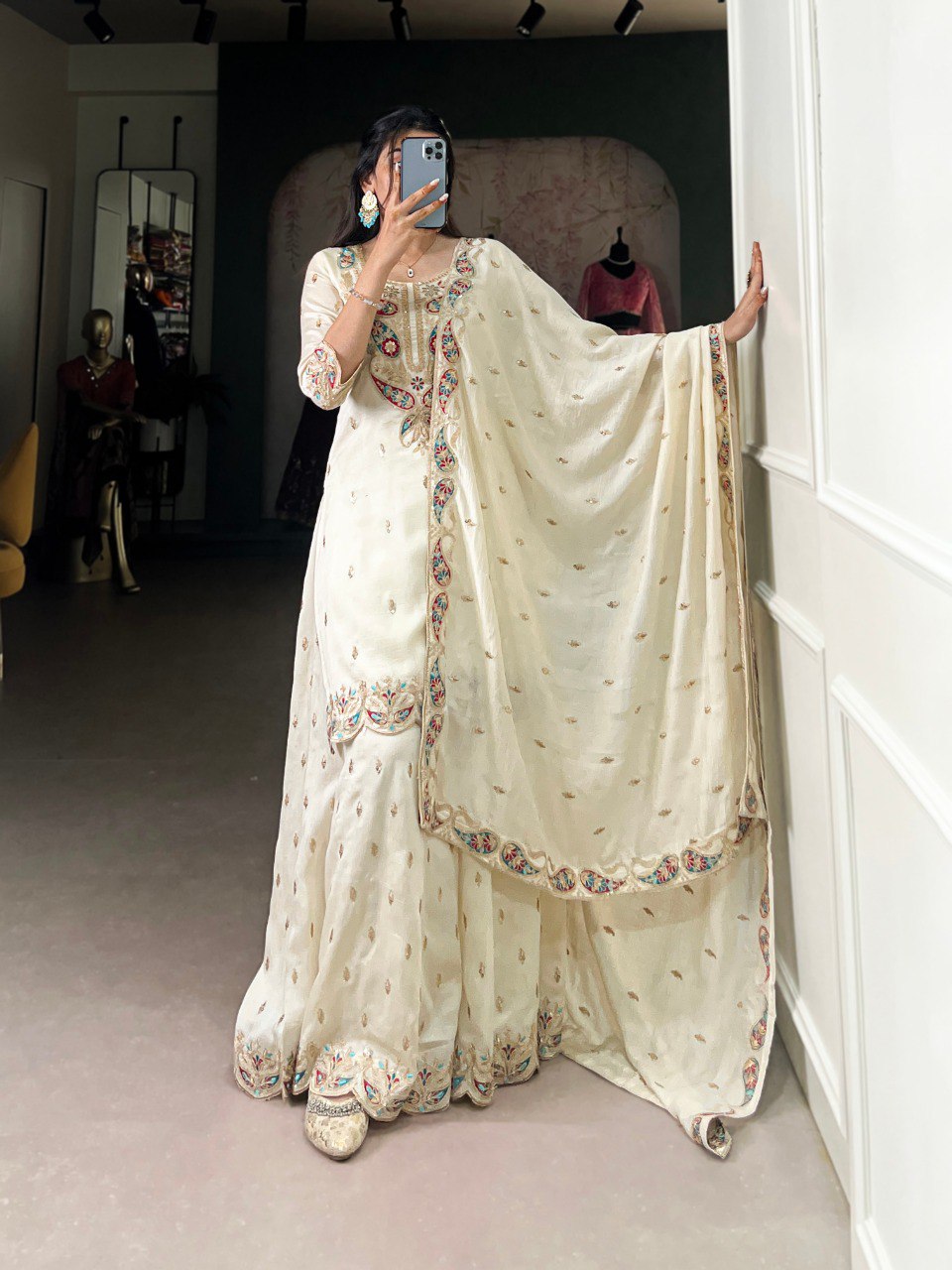 Aanvi Off-White Vichitra Silk Embroidered Kurti Sharara Set