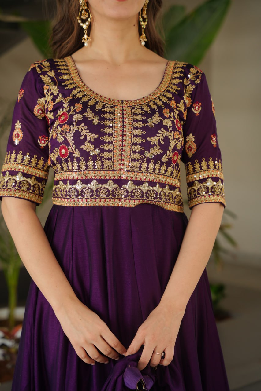 Aadishri Purple Silk Sequins Embroidered Gown