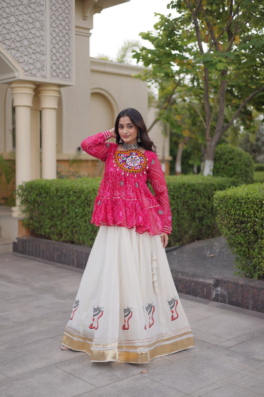 Harshita Pink Kora Cotton Gota-Lace Bandhani Lehenga