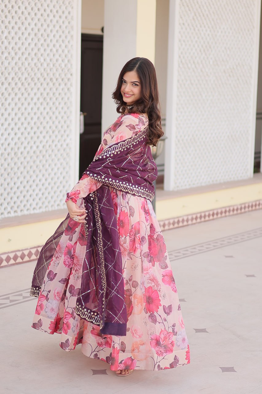 Savitri russian silk printed alia cut pink anarkali suit set