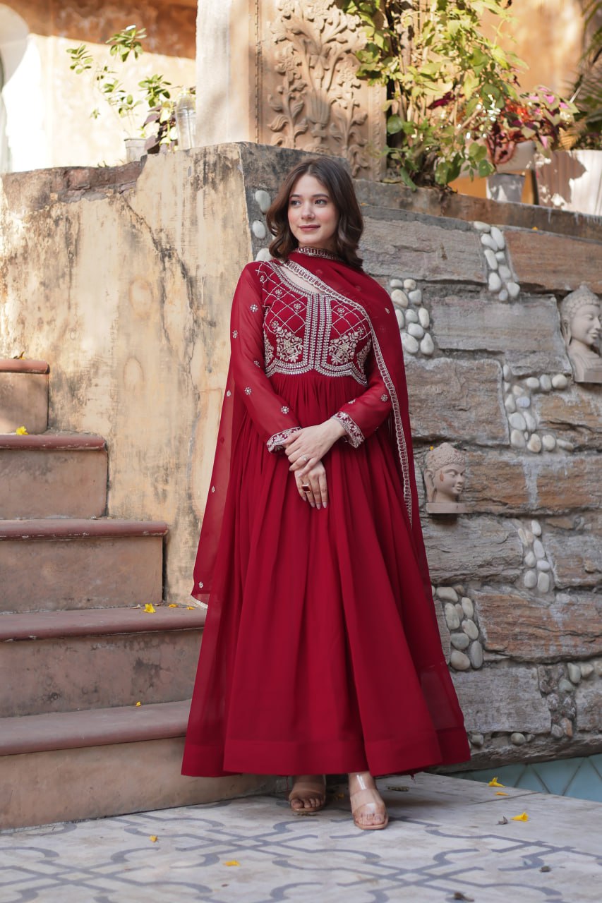 Chamvika Maroon Embroidered Gown Set with Dupatta – long gown for women, party wear gown for wedding, Indian gown for women, maroon gown for engagement, full sleeve ethnic gown, designer gown with dupatta, sequin gown for festival, traditional wear for women, Indo western gown online, stylish Indian dress for sangeet function, ready-to-wear ethnic gown for women.