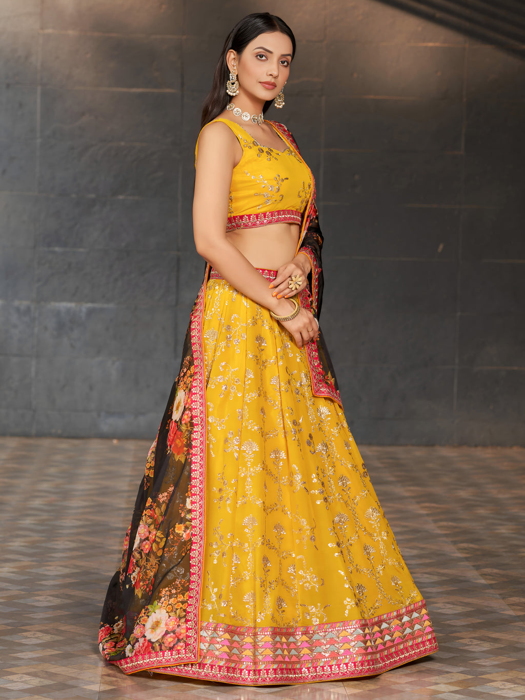 Navya Mustard Yellow Color Floral Embroidered Lehenga Choli with Dupatta