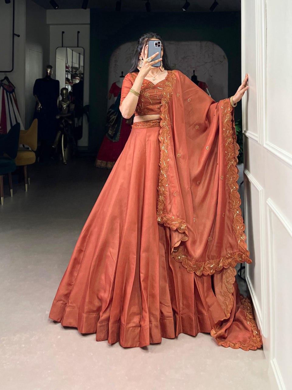 Rust orange Tussar silk sequins and thread embroidery lehenga choli