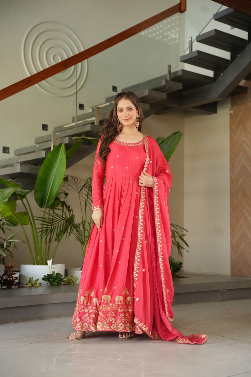 Harvisha Rani Pink Gown Set in premium Chinon Silk with sequin embroidery – ideal Indian ethnic wear for Indian weddings, festive wear, traditional wear, and Indian bride look. Perfect designer gown for online shopping in Indian fashion and clothing trends.