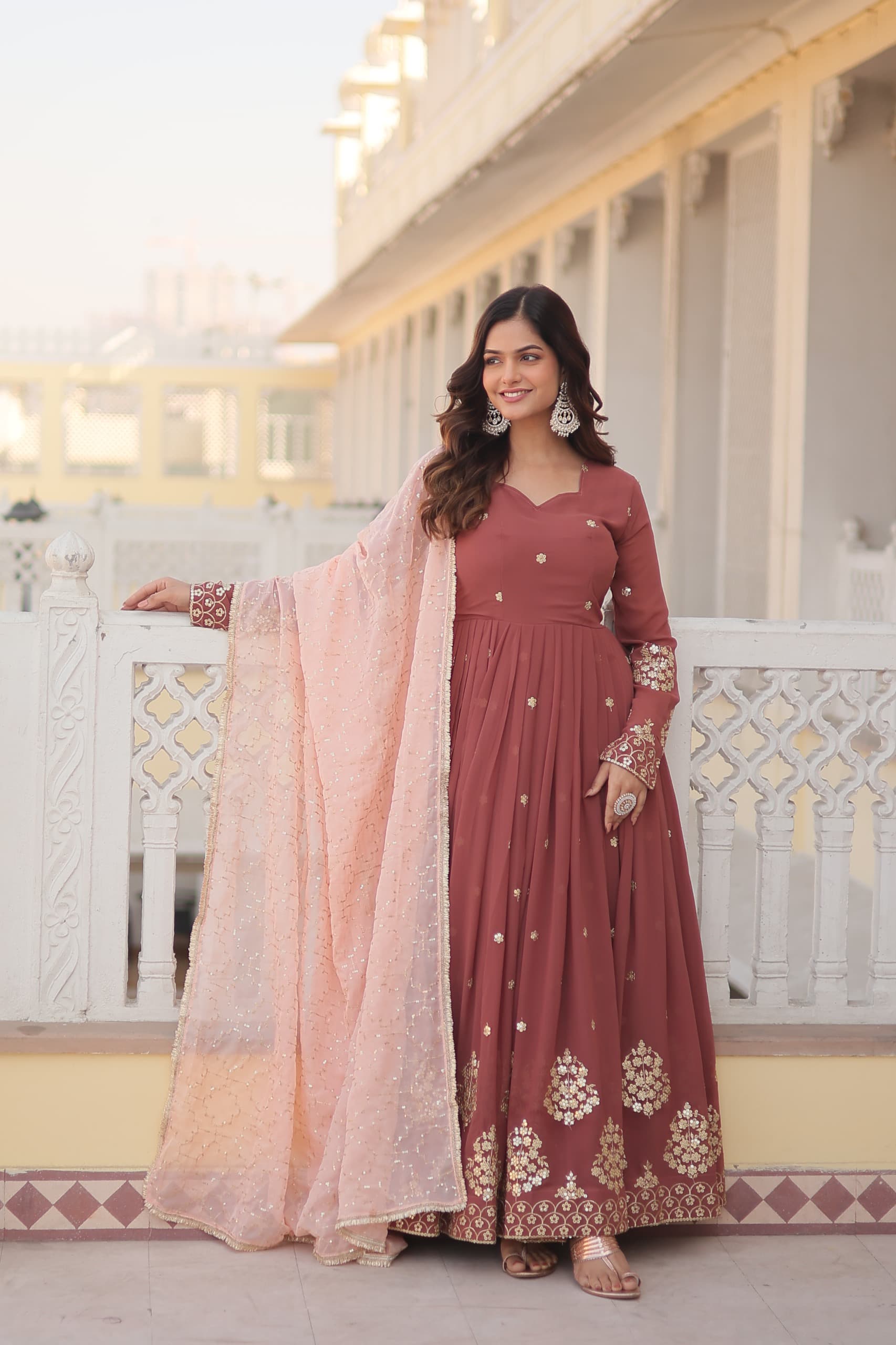 Vasudha brown georgette embroidered anarkali gown set
