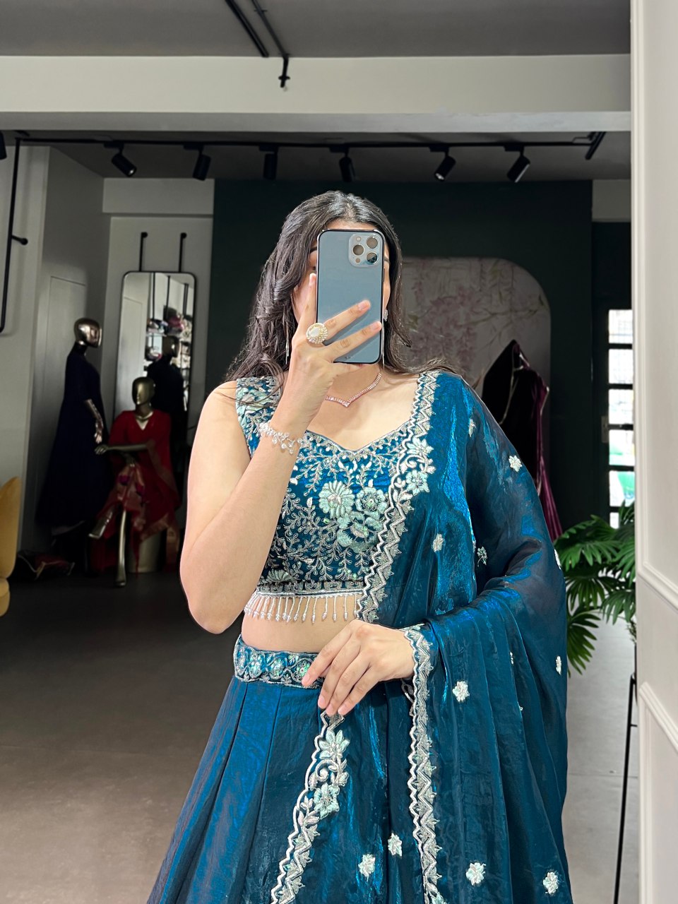 Teal blue fendi silk lehenga choli with embroidery sequins thread work and dupatta