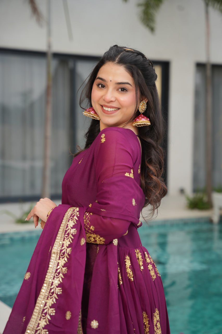 Rudrika Purple Embroidered Gown in soft Star Georgette with intricate zari and sequin work, full-length 56-inch flare gown with matching embroidered dupatta, elegant pan neck design, perfect for weddings and festive occasions