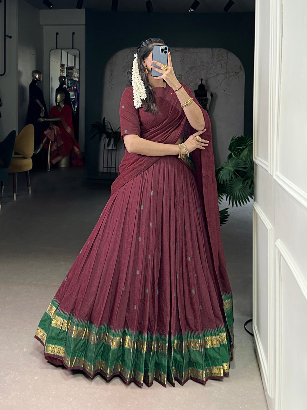 Maroon Chanderi Zari Weaving Work Half-Saree Lehenga