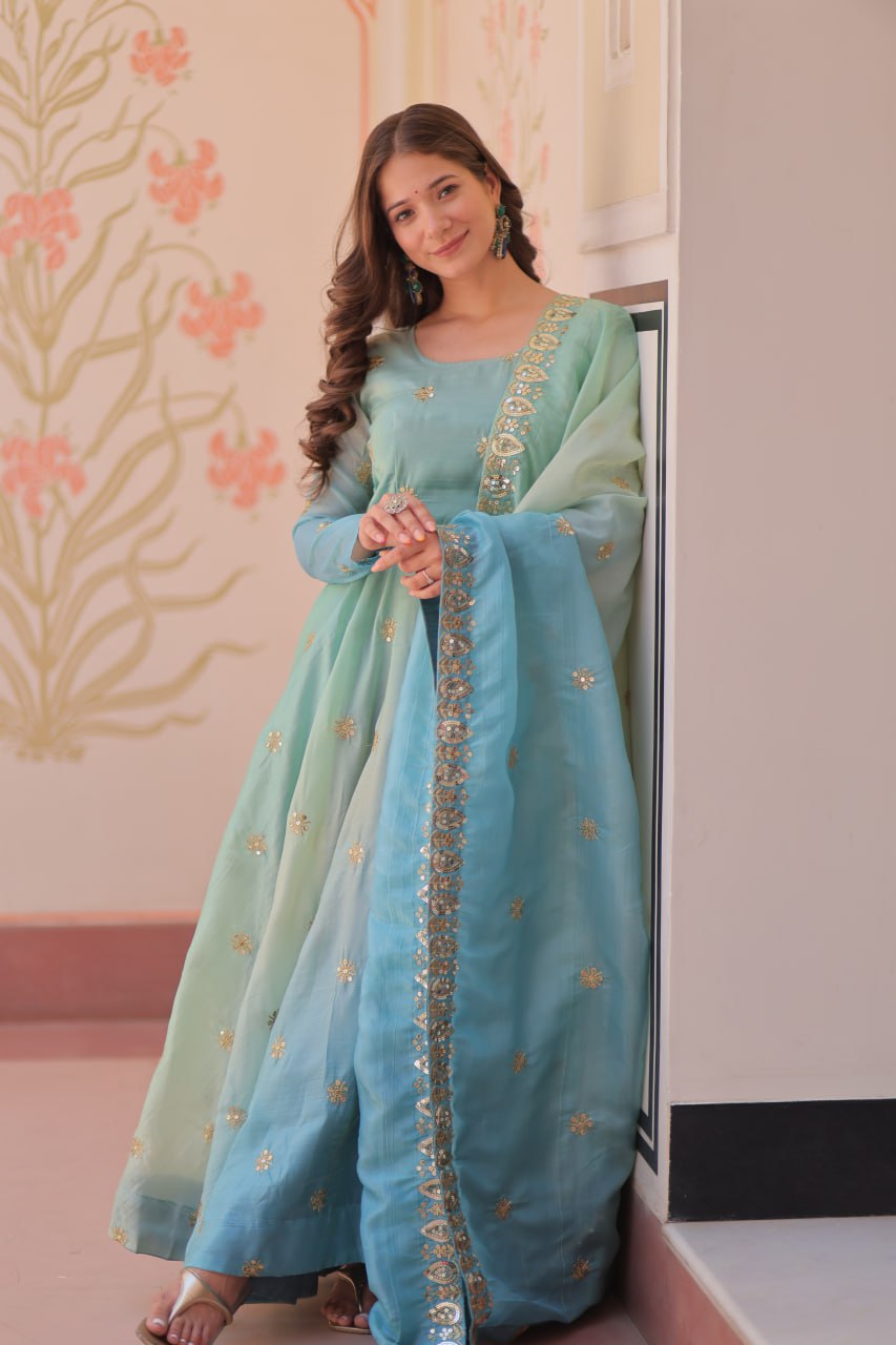 Sky blue organza flair sequins zari embroidery gown with dupatta